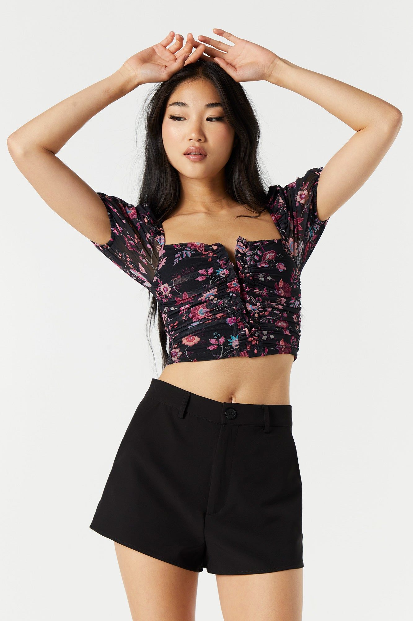 Black Floral Mesh Ruffle Crop Top sold by Urban Planet