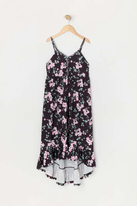 Girls Floral Print Braided Trim High Low Dress sold by Urban Planet