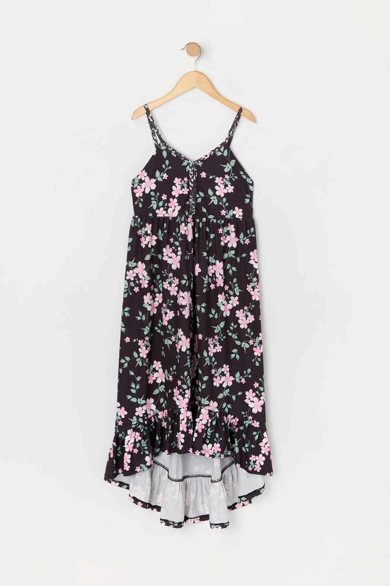 Girls Floral Print Braided Trim High Low Dress sold by Urban Planet