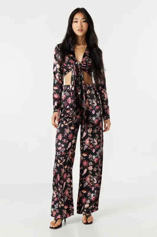 Satin Floral Print Wide Leg Pant sold by Urban Planet