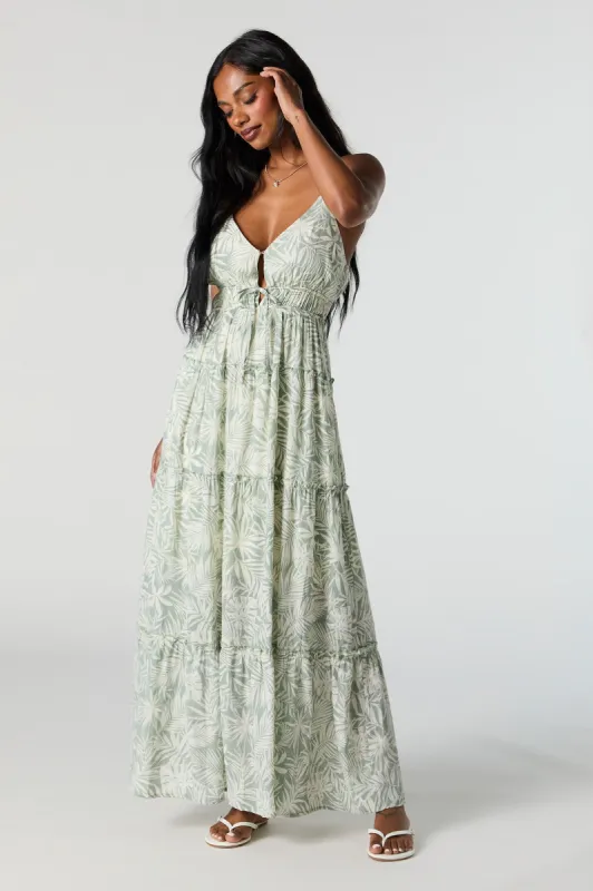 Leaf Print V-Neck Tie Front Tiered Maxi Dress sold by Urban Planet