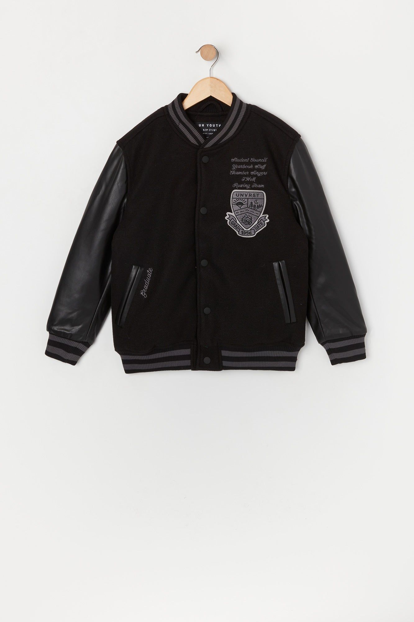 Boys Graduate Faux Leather Varsity Jacket sold by Urban Planet