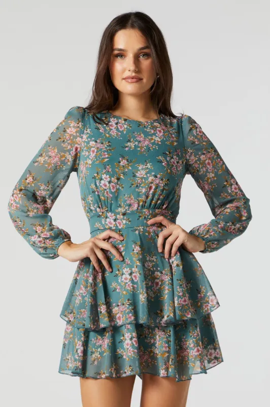 Blue Chiffon Floral Long Sleeve Tiered Mini Dress sold by Urban Planet