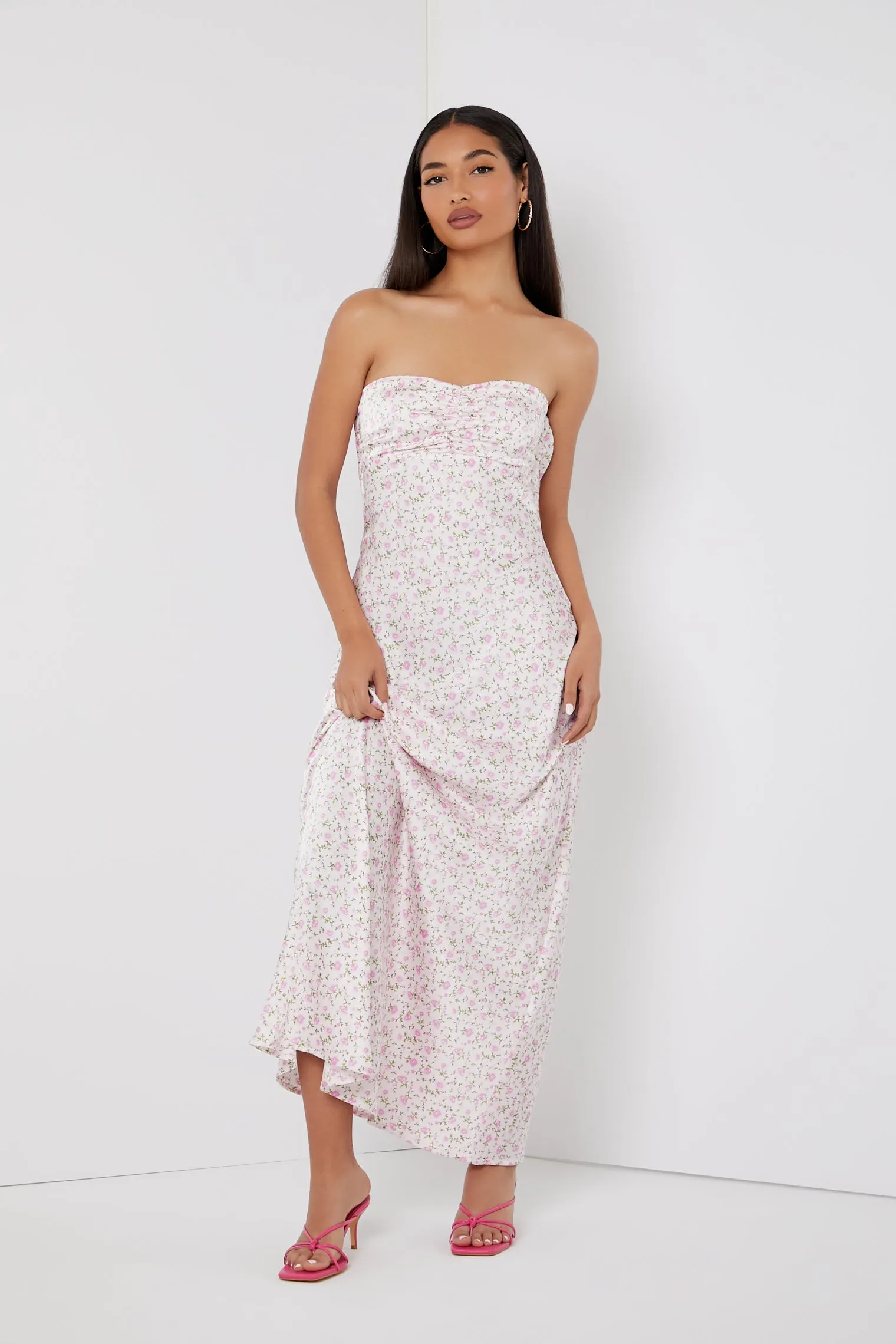 Satin Floral Strapless Maxi Dress sold by Urban Planet