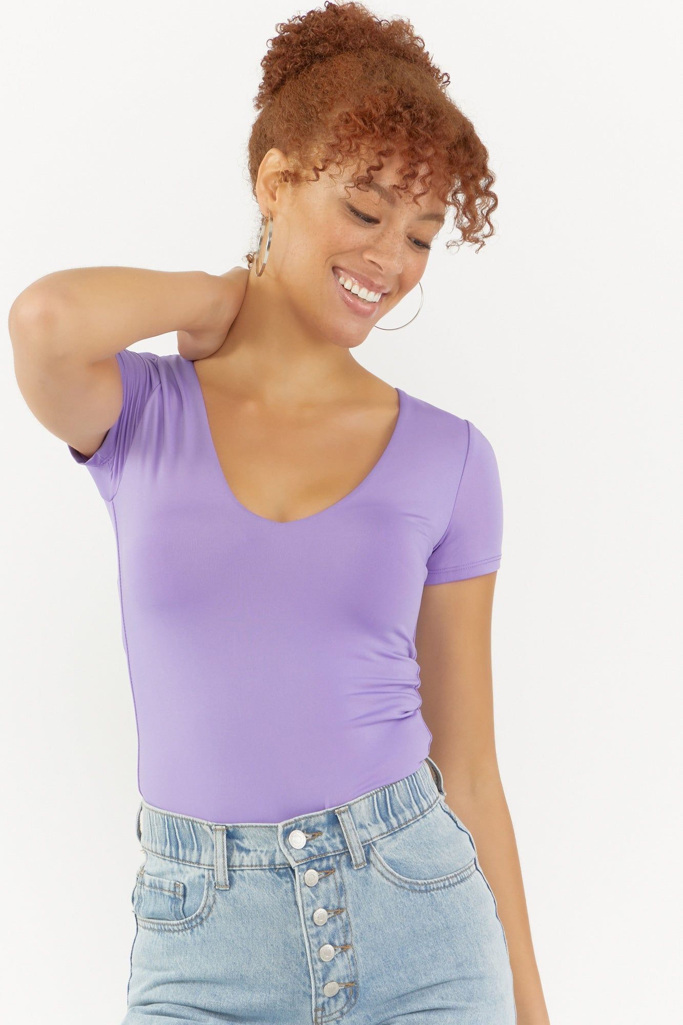 Purple V-Neck Contour Short Sleeve Bodysuit sold by Urban Planet