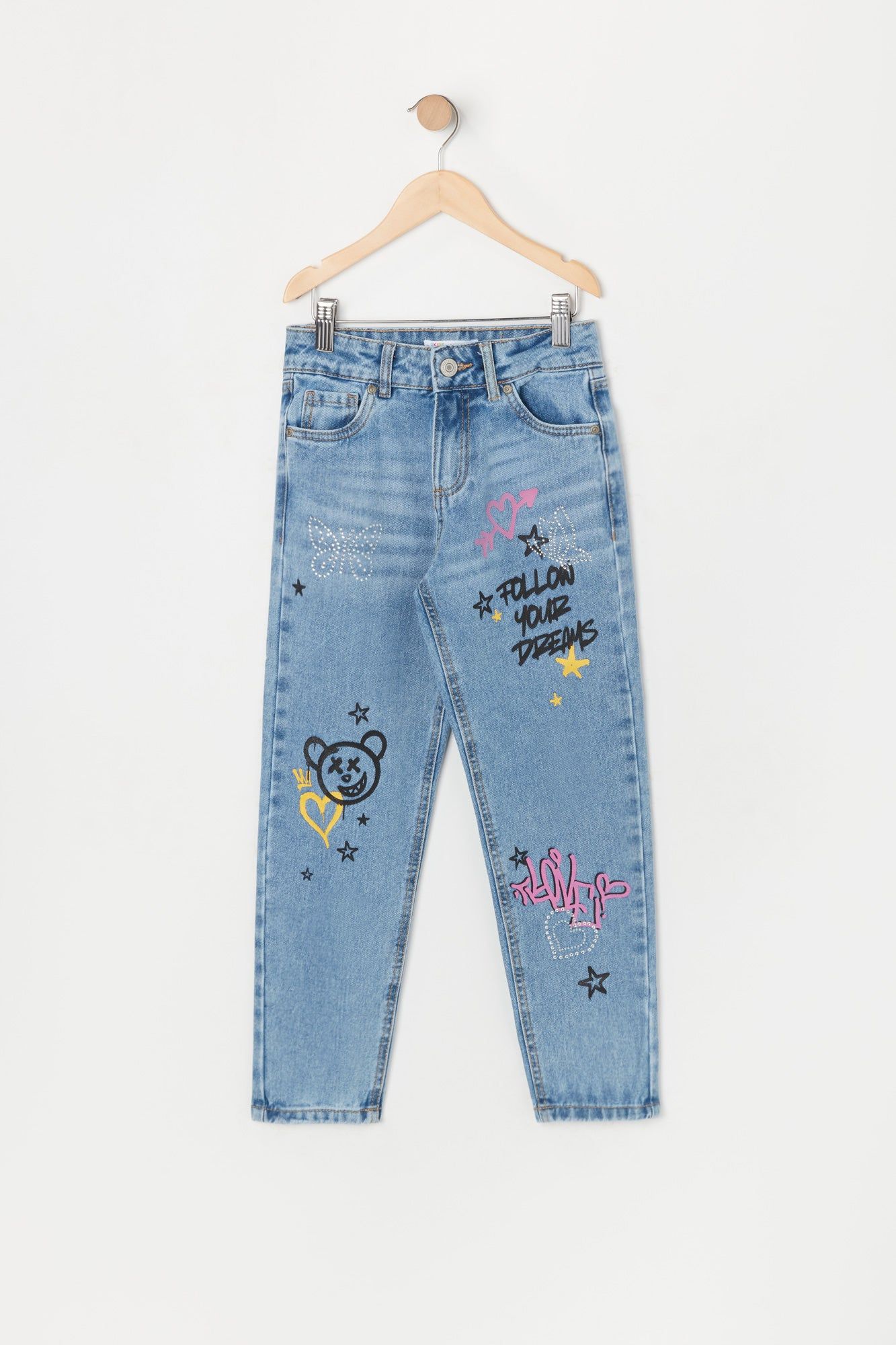 Girls Rhinestone Graffiti Print High Rise Mom Jean sold by Urban Planet