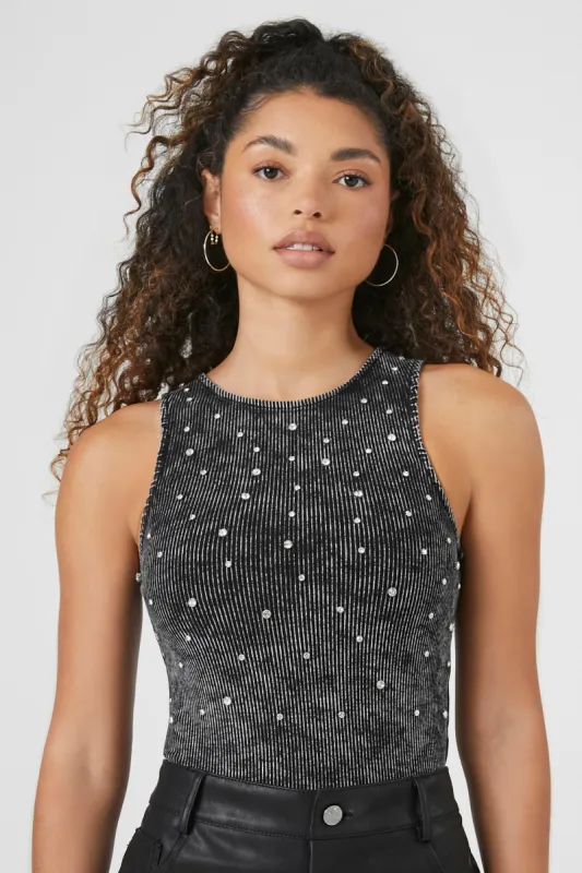 Rhinestone Ribbed Knit Bodysuit sold by Urban Planet