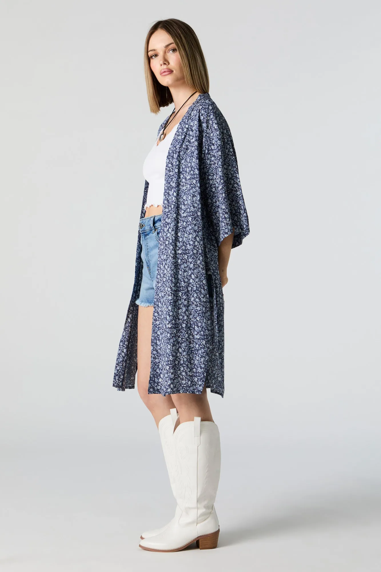 Blue Floral Print Open Front Kimono sold by Urban Planet product image thumbnail 2