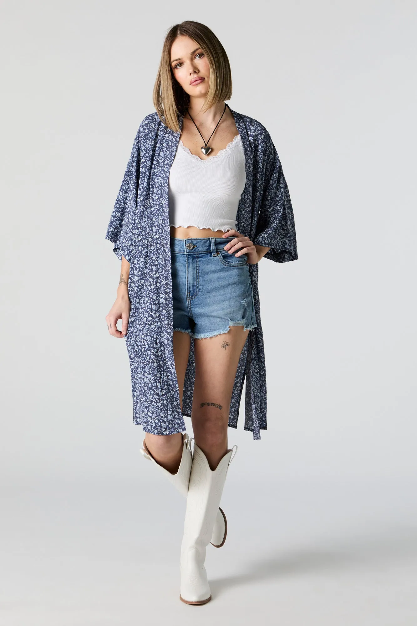Blue Floral Print Open Front Kimono sold by Urban Planet