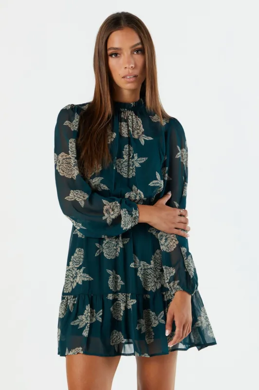 Green Floral Chiffon Mock Neck Tiered Mini Dress sold by Urban Planet