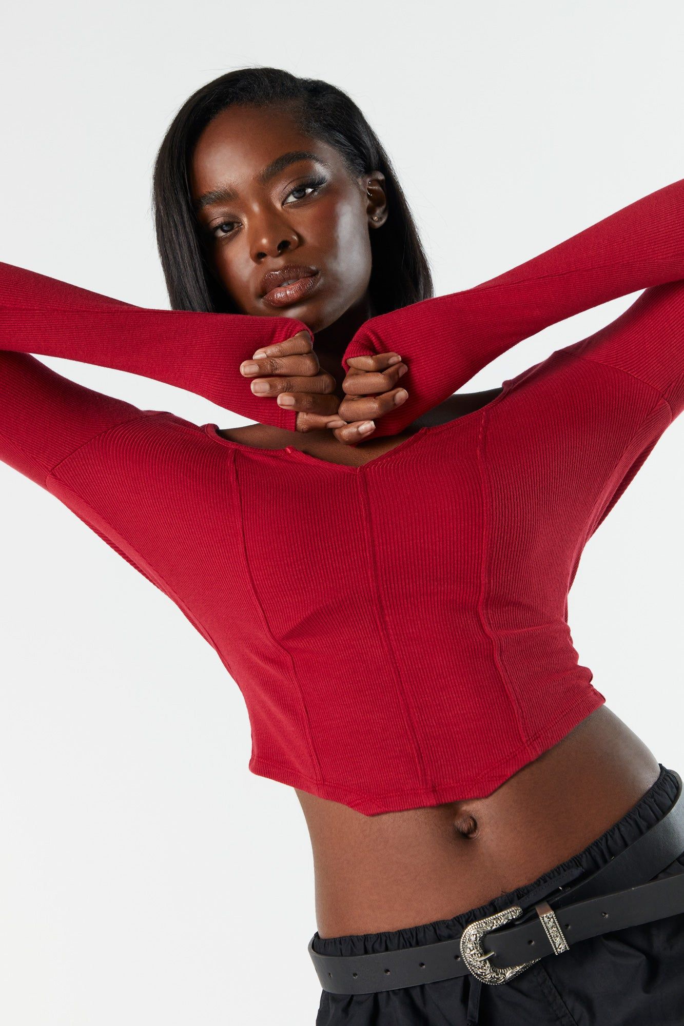Ribbed Long Sleeve Corset Top sold by Urban Planet product image thumbnail 4