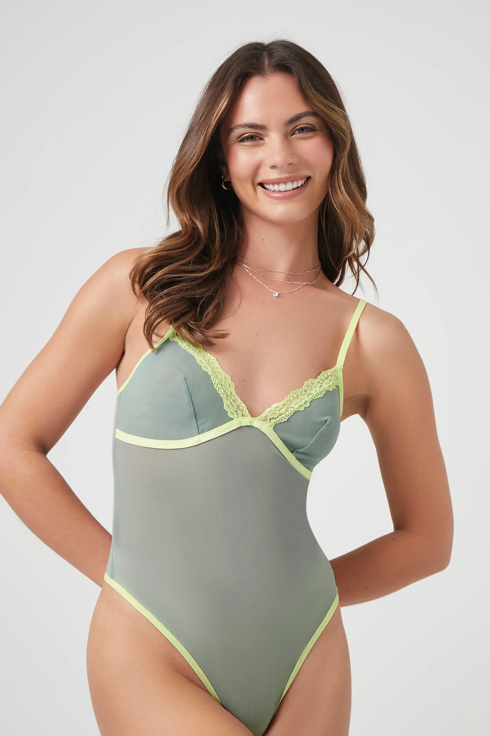 Lace Trim Mesh Bodysuit sold by Urban Planet