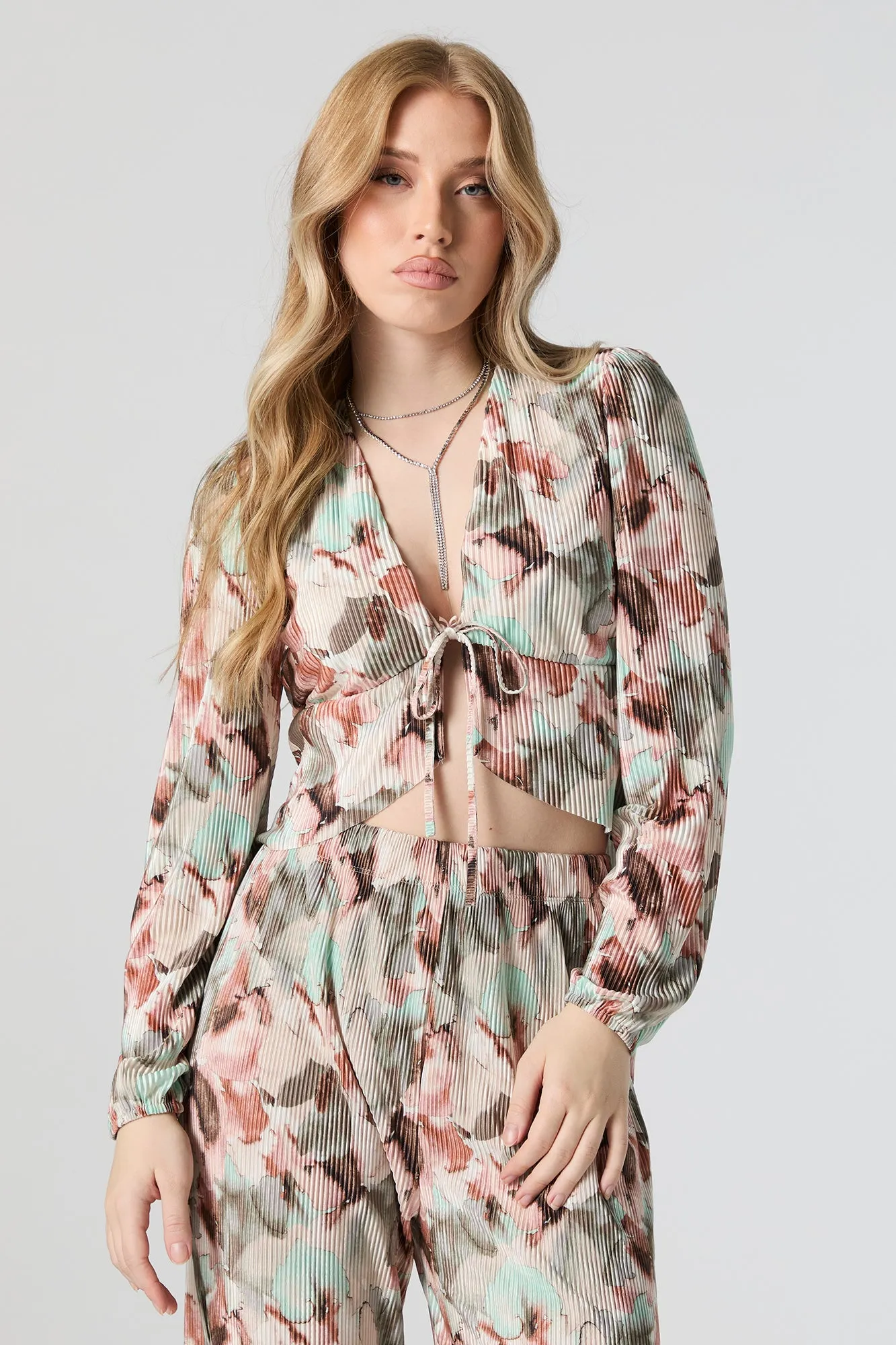 Textured Multi Floral Print Front Tie Long Sleeve Top sold by Urban Planet