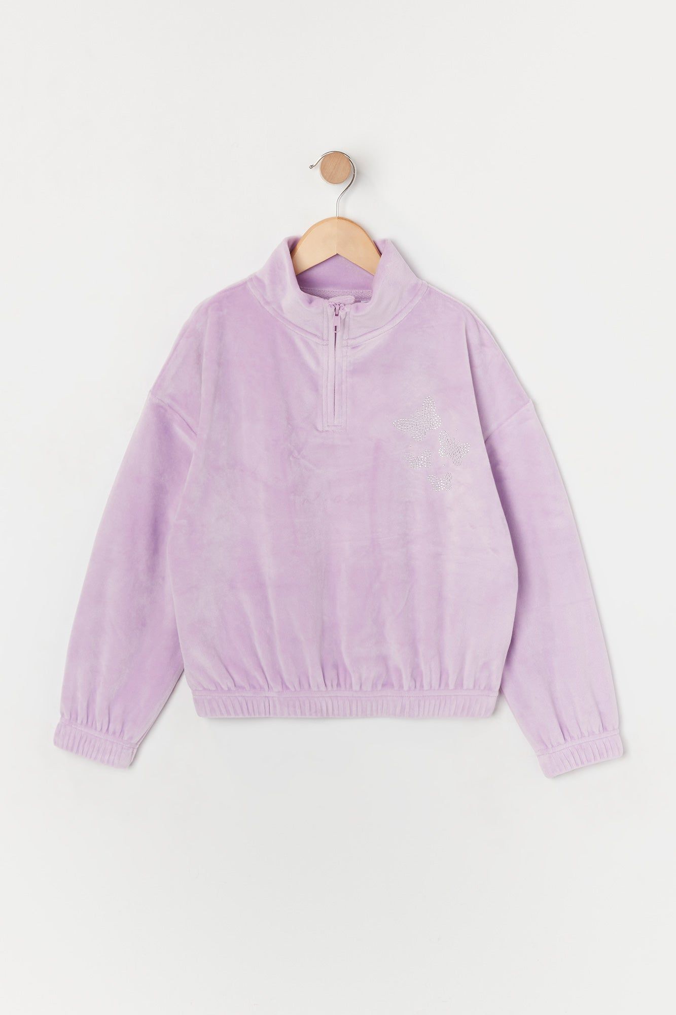 Girls Rhinestone Butterfly Velour Half Zip Sweatshirt sold by Urban Planet