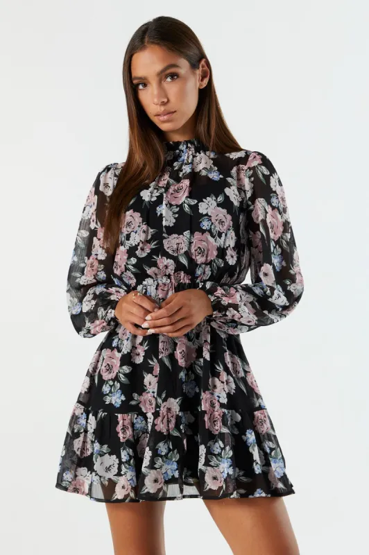 Black Floral Chiffon Mock Neck Tiered Mini Dress sold by Urban Planet