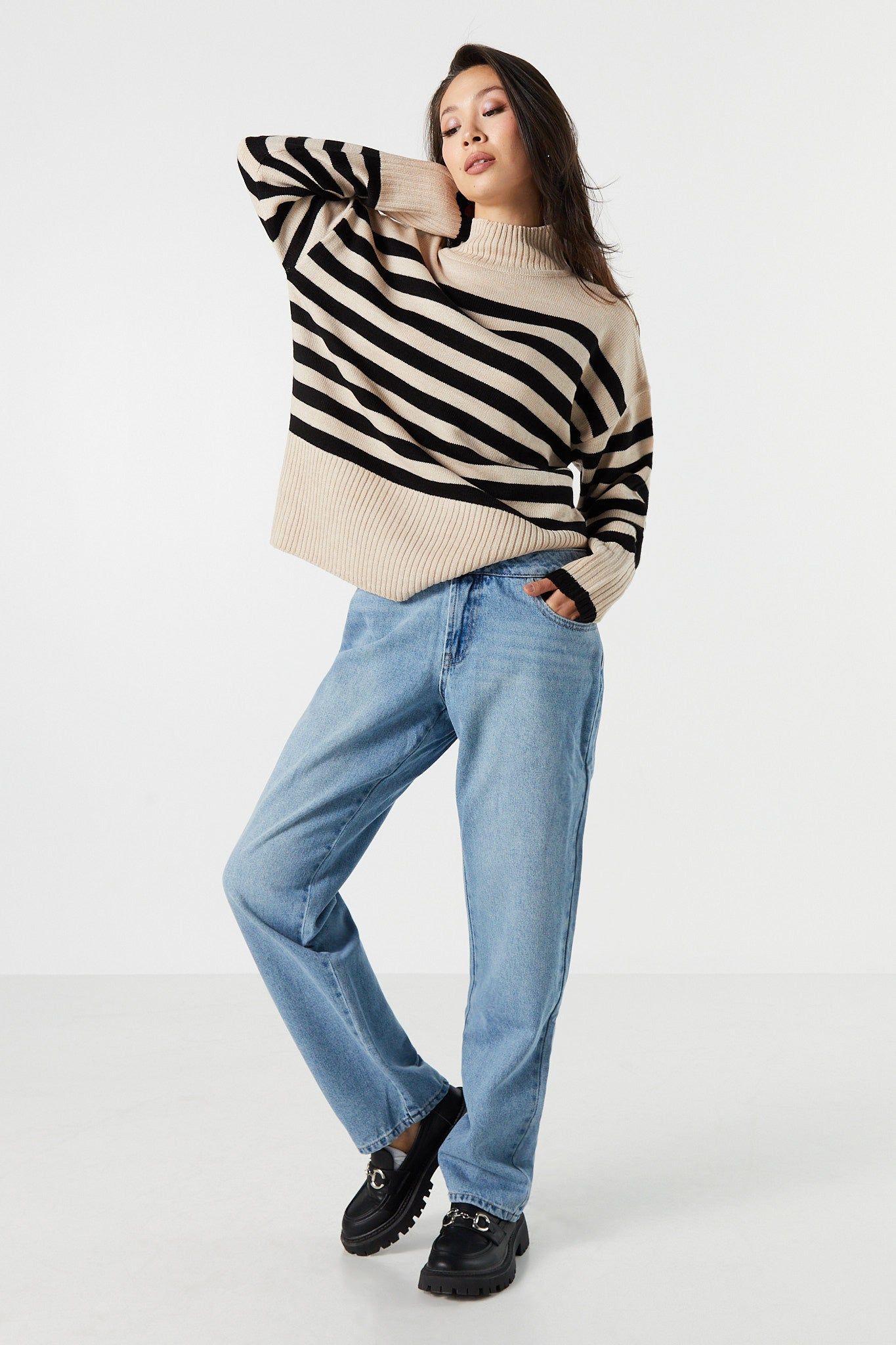 Striped Oversized Ribbed Knit Mock Neck Sweater sold by Urban Planet product image thumbnail 5