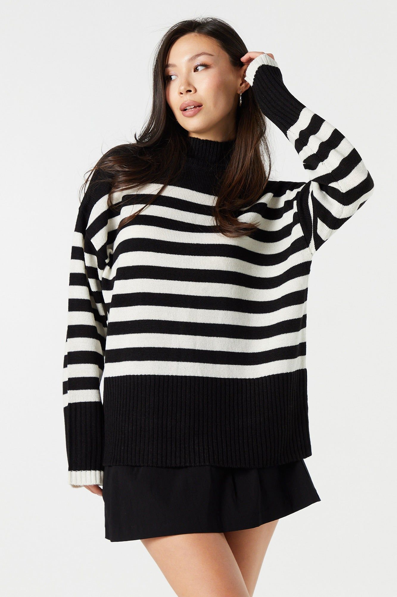 Striped Oversized Ribbed Knit Mock Neck Sweater sold by Urban Planet