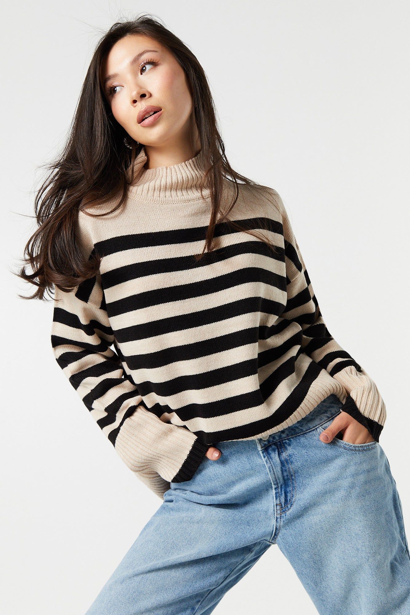 Striped Oversized Ribbed Knit Mock Neck Sweater sold by Urban Planet product image thumbnail 4