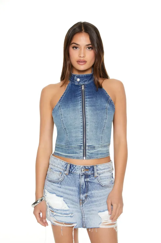 Gradient Denim Zip-Up Crop Top sold by Urban Planet