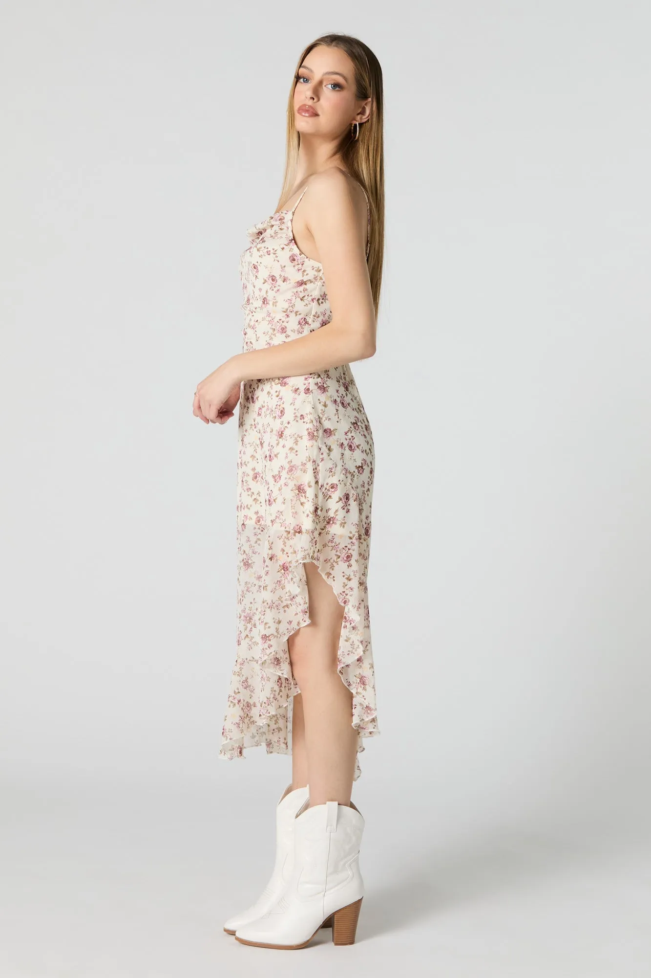 Chiffon Floral Cowl Neck Asymmetrical Midi Dress sold by Urban Planet product image thumbnail 5