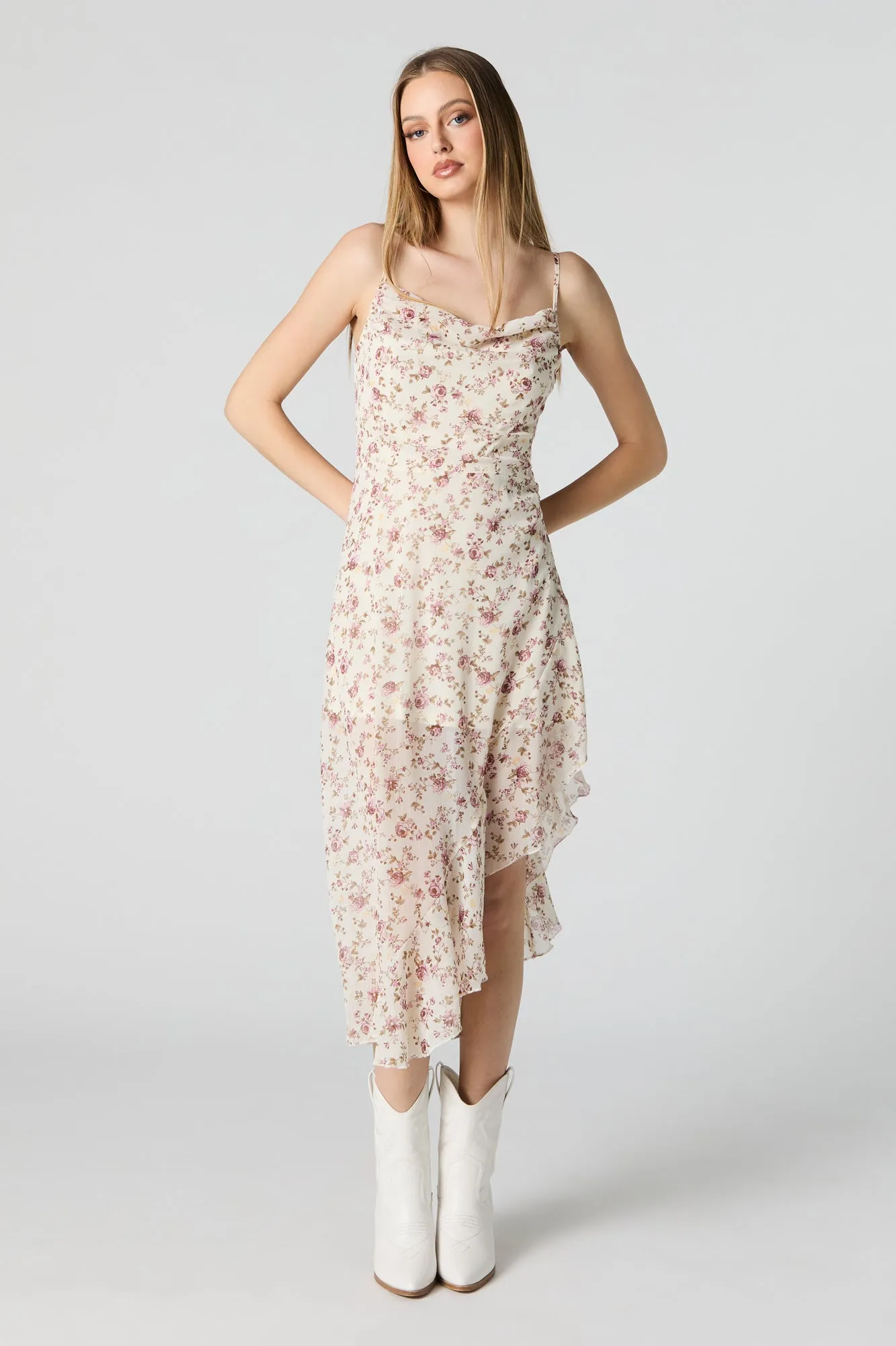 Chiffon Floral Cowl Neck Asymmetrical Midi Dress sold by Urban Planet product image thumbnail 4