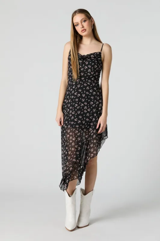 Chiffon Floral Cowl Neck Asymmetrical Midi Dress sold by Urban Planet