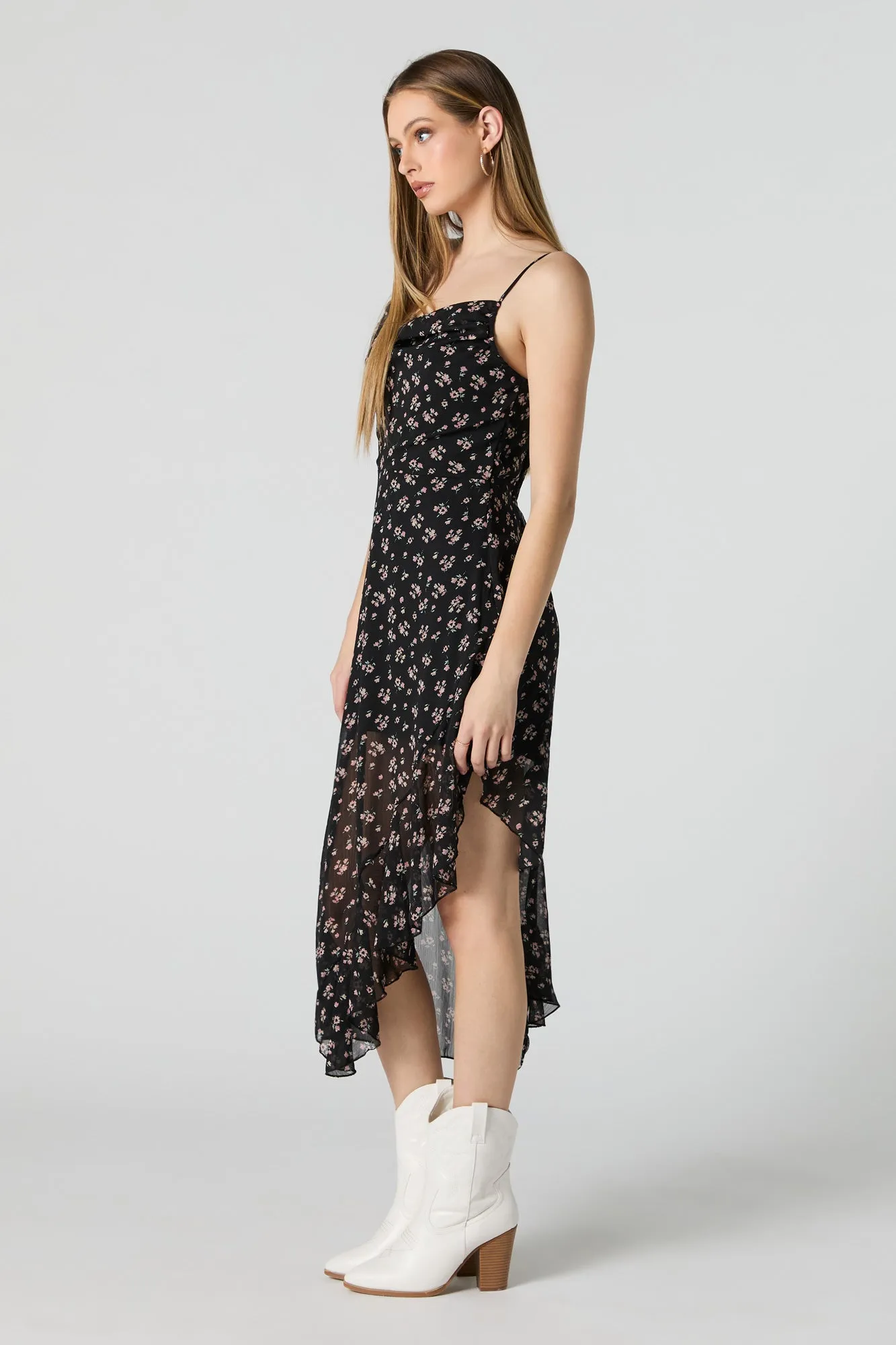 Chiffon Floral Cowl Neck Asymmetrical Midi Dress sold by Urban Planet product image thumbnail 2