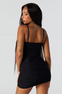 Black Rhinestone Ruched Mini Dress sold by Urban Planet