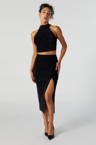 Textured Velvet Slit Midi Skirt sold by Urban Planet