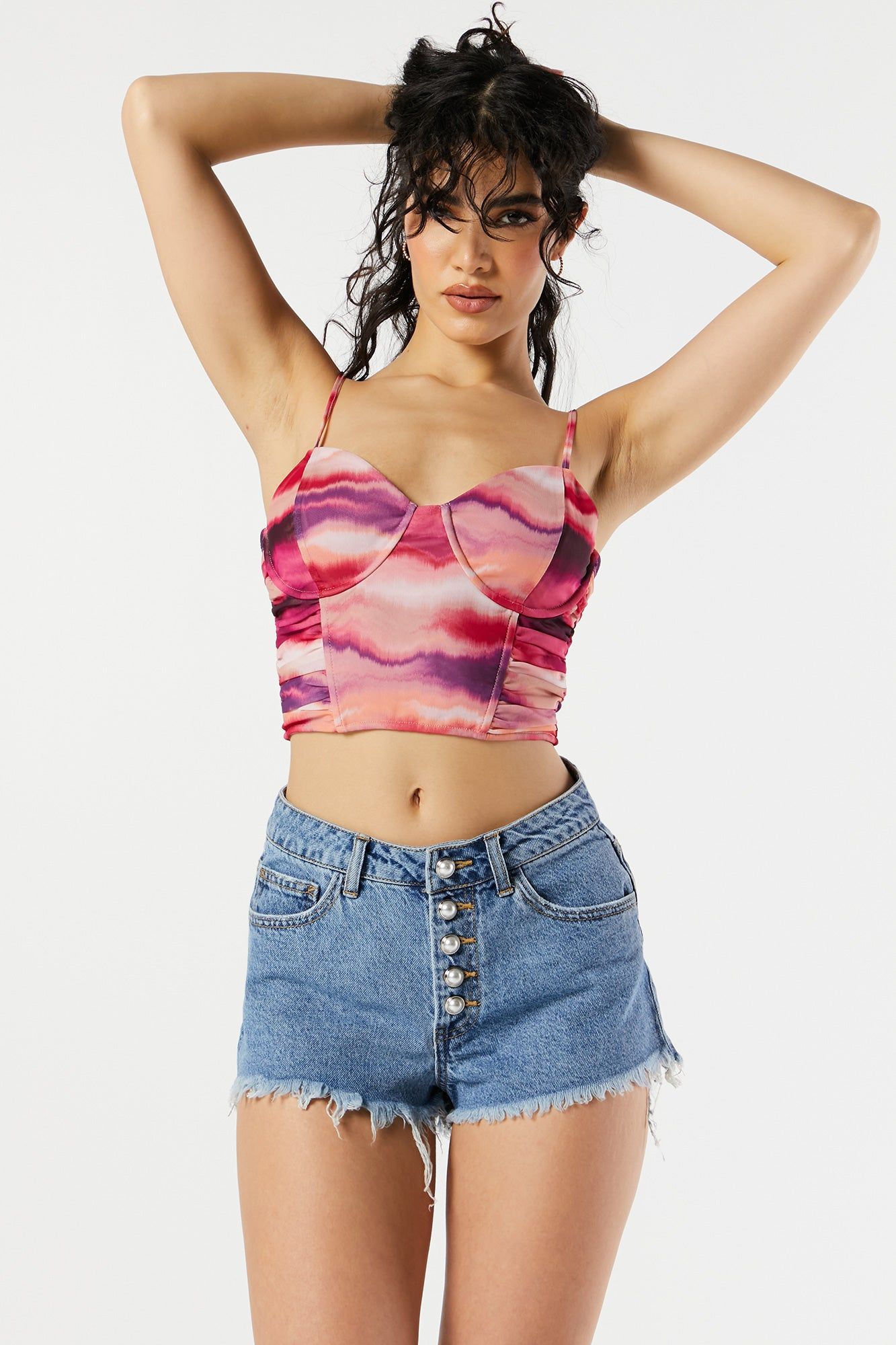 Printed Ruched Mesh Bustier Top sold by Urban Planet