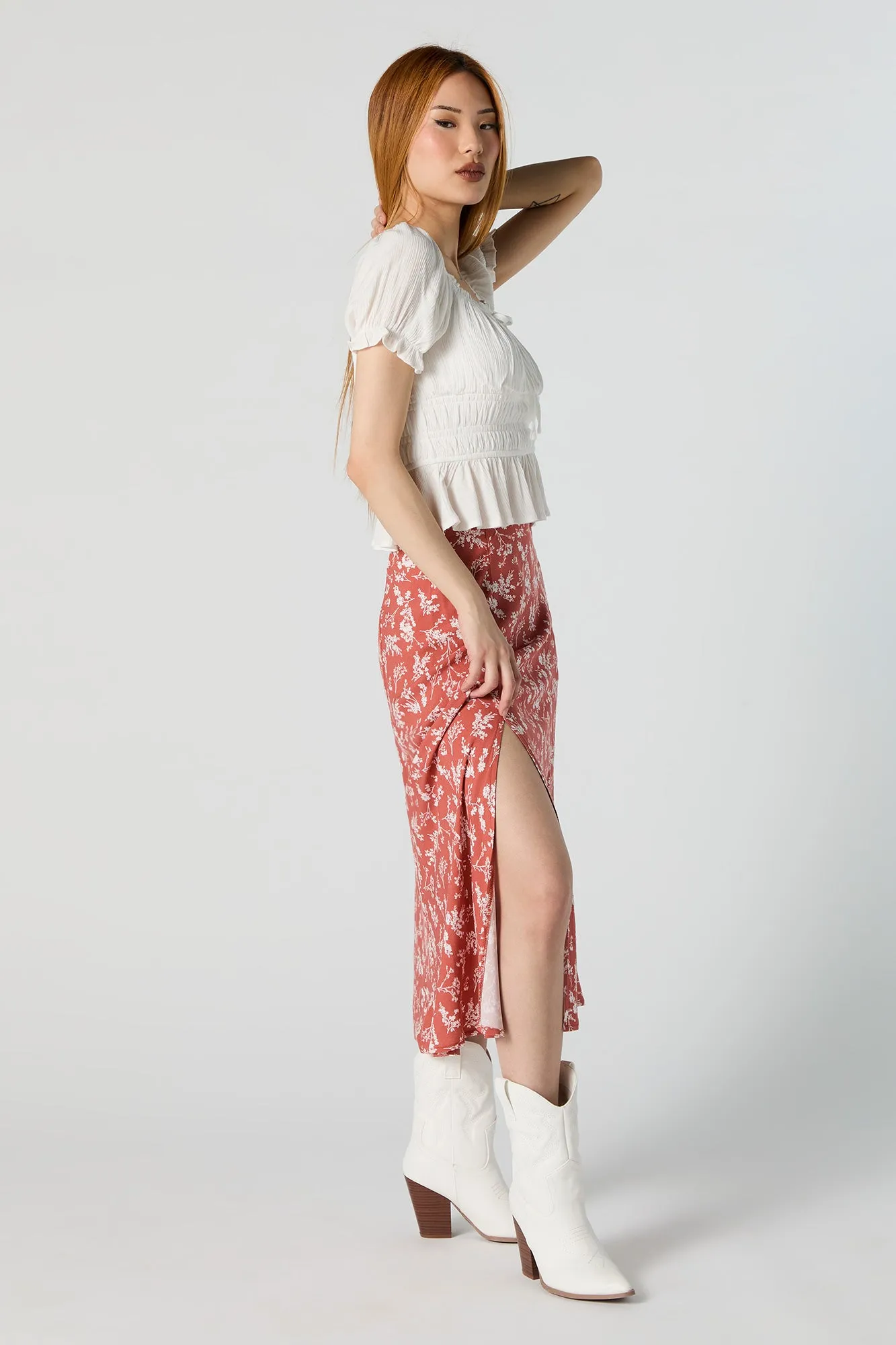 Jupe midi fleurie orange avec fente sold by Urban Planet product image thumbnail 2