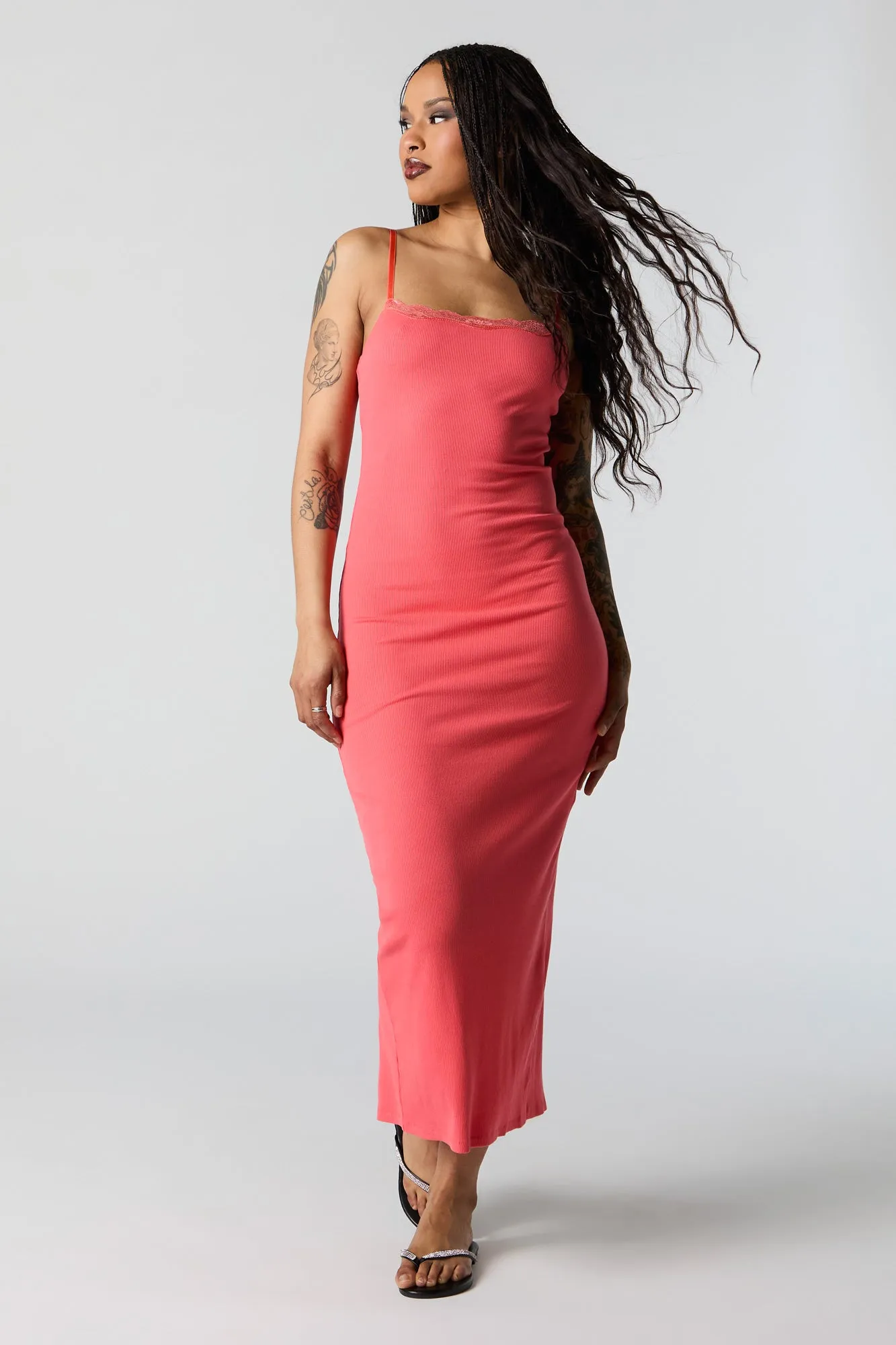 Robe midi côtelée moulante avec liséré de dentelle sold by Urban Planet product image thumbnail 3