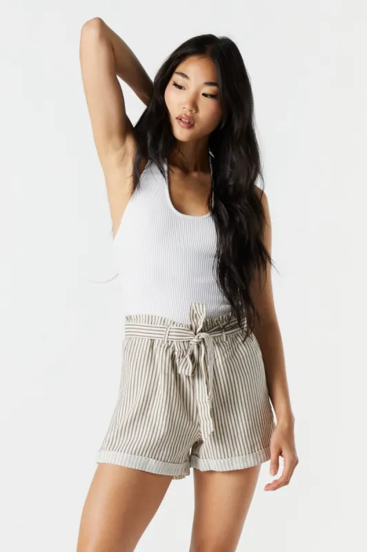 Striped Linen Belted Paperbag Short sold by Urban Planet