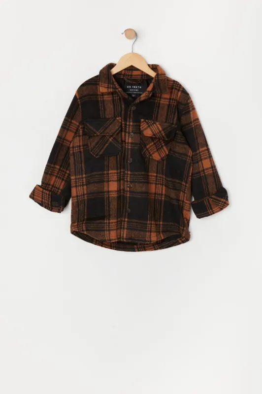 Boys Black Plaid Shacket sold by Urban Planet