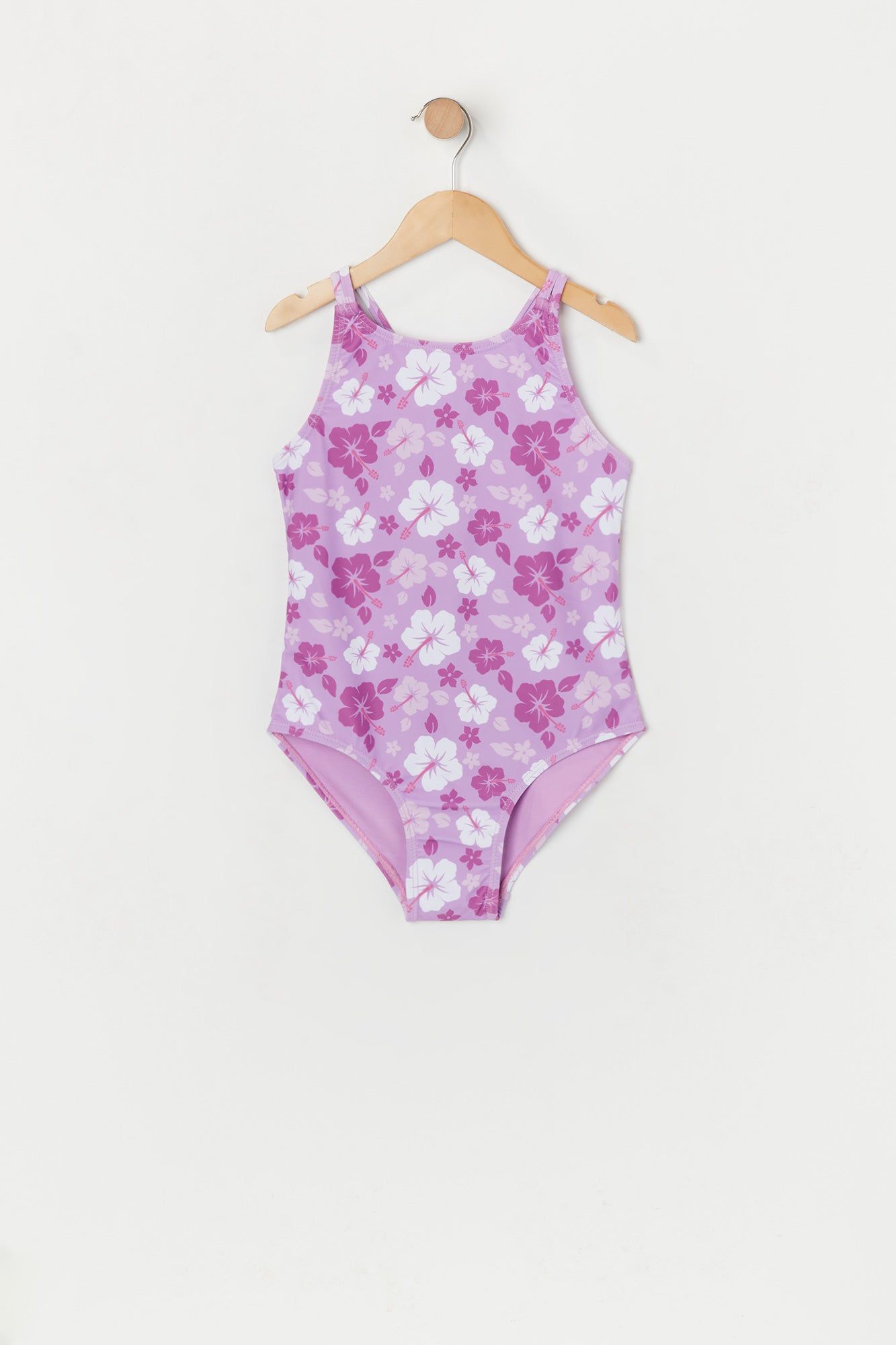 Girls Purple Hawaiian Print Crisscross Back One Piece Swimsuit with built-in cups sold by Urban Planet