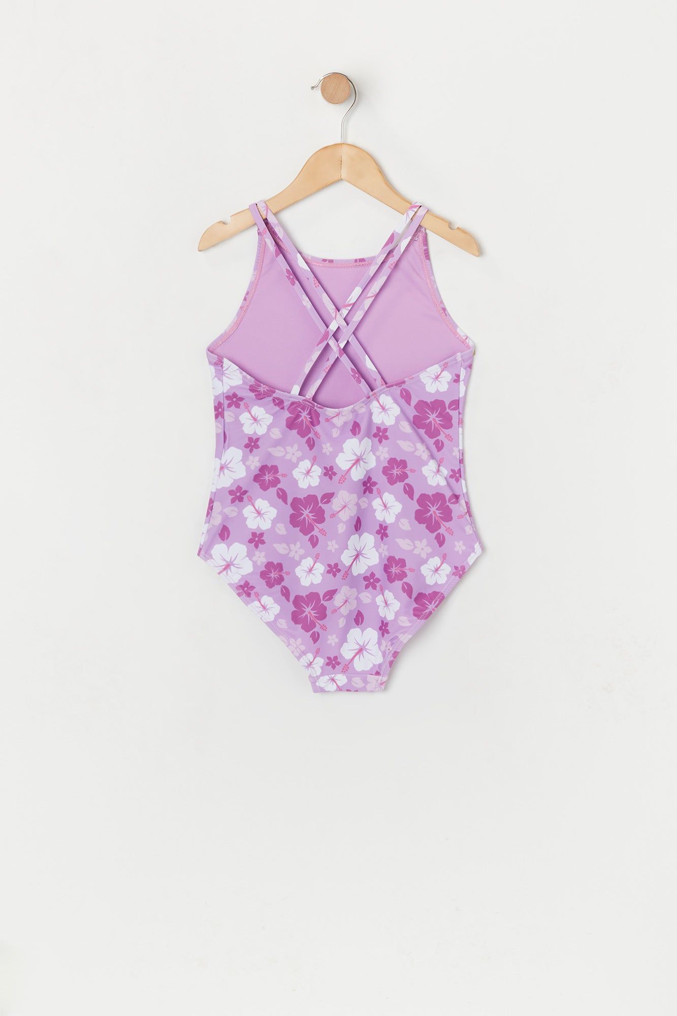 Girls Purple Hawaiian Print Crisscross Back One Piece Swimsuit with built-in cups sold by Urban Planet product image thumbnail 2