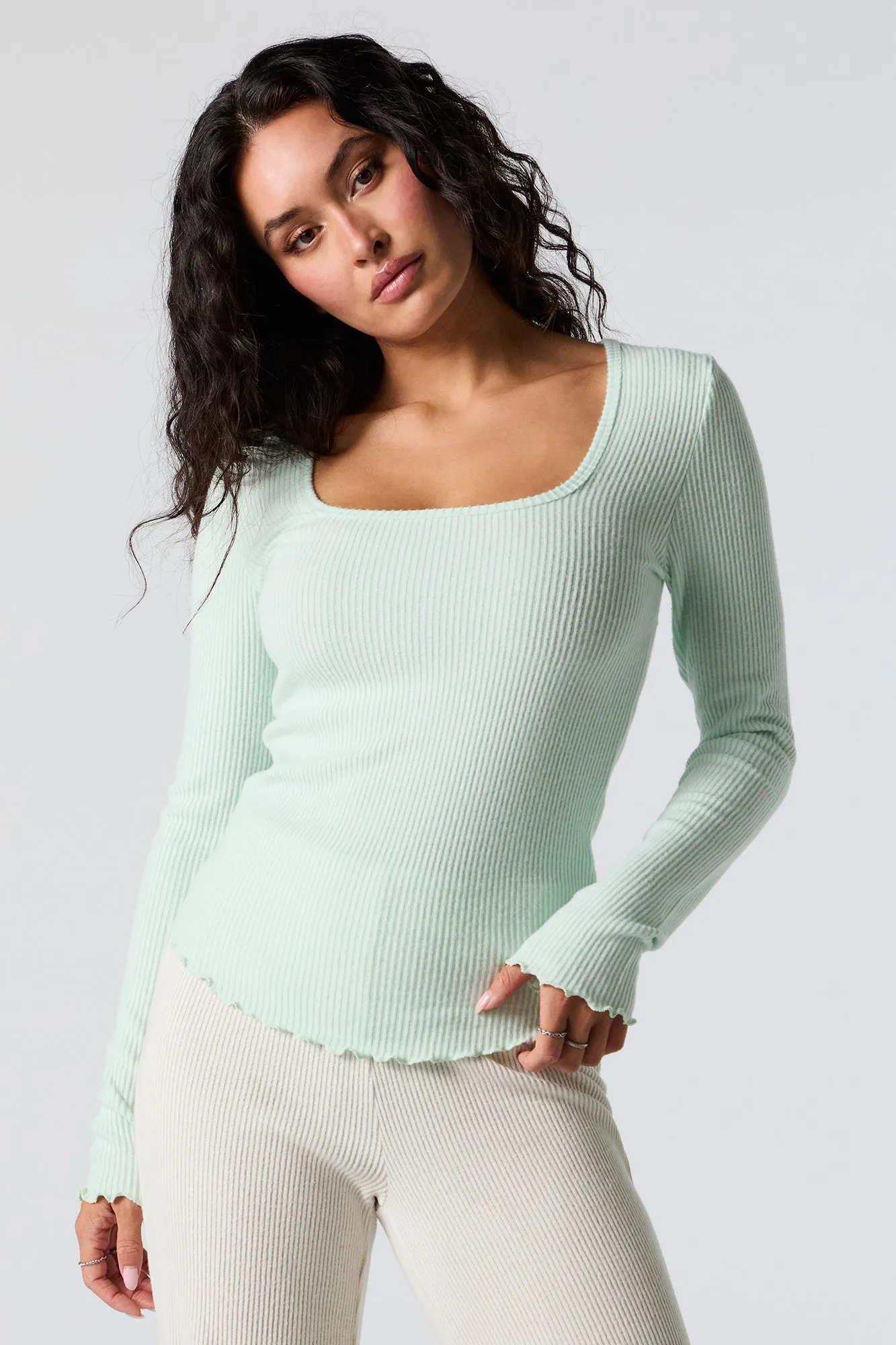 Ribbed Knit Square Neck Long Sleeve Top sold by Urban Planet