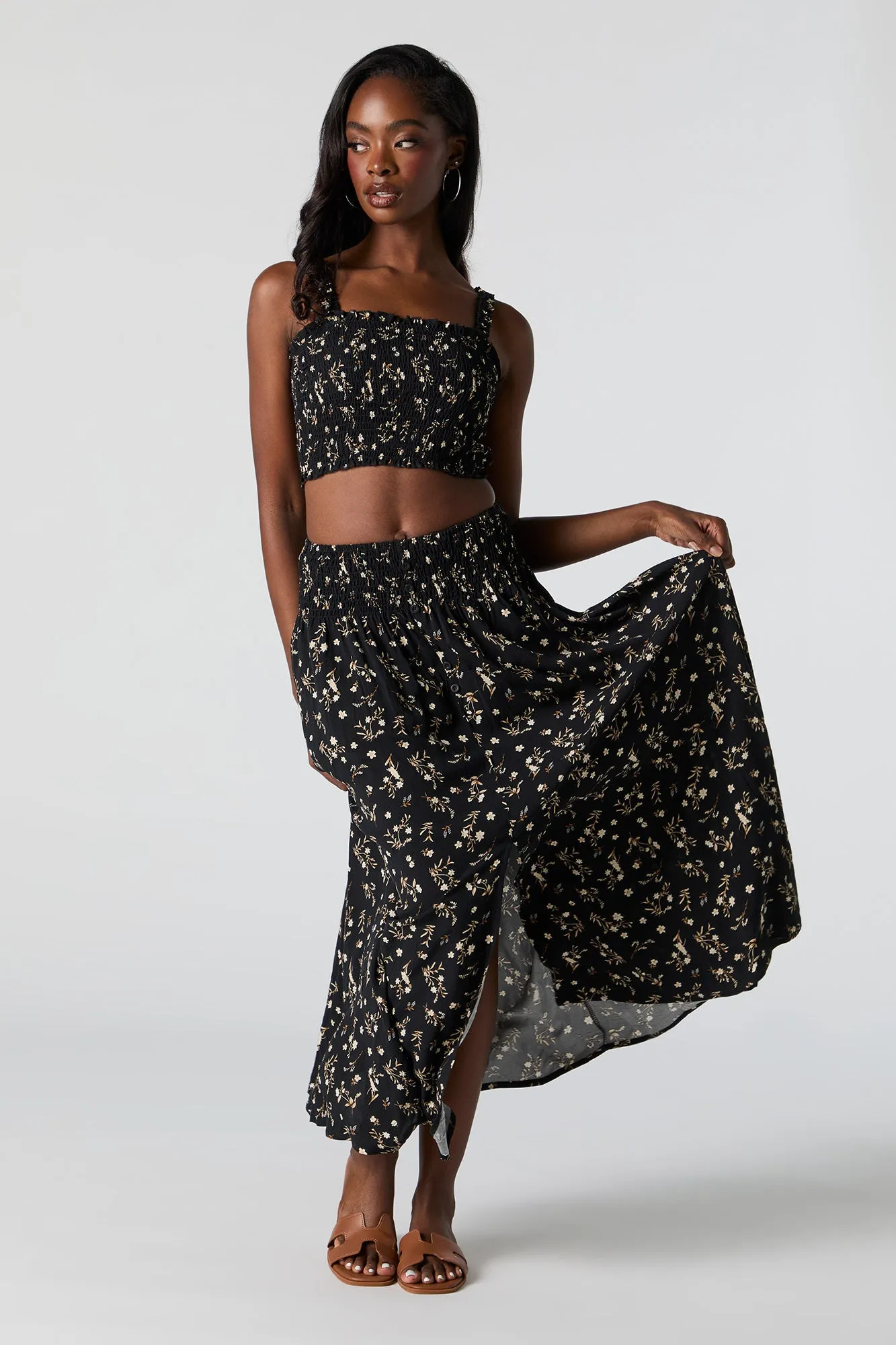 Black Floral Buttoned Maxi Skirt sold by Urban Planet