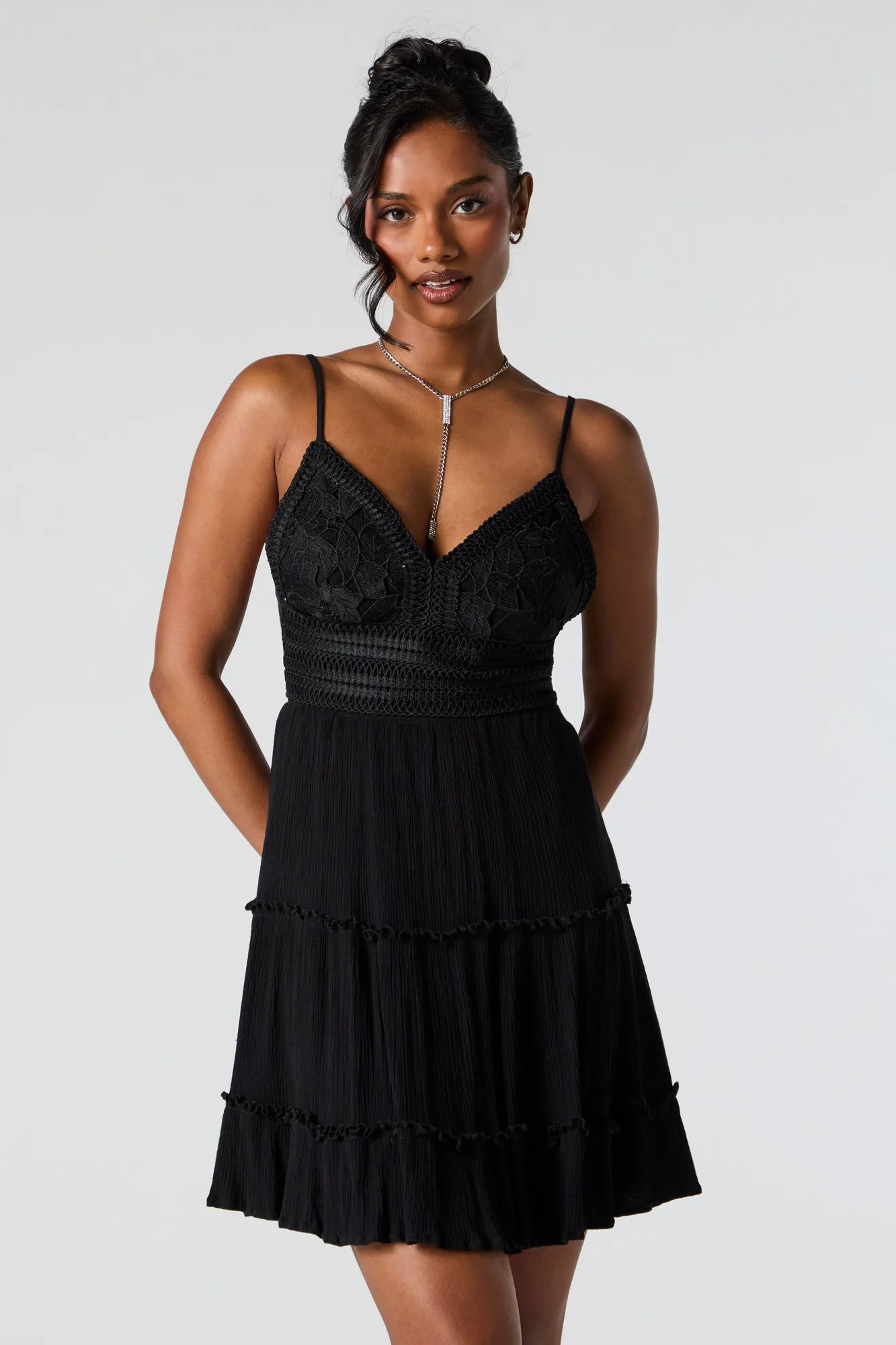 Floral Lace Crochet Sweetheart Tiered Mini Dress sold by Urban Planet