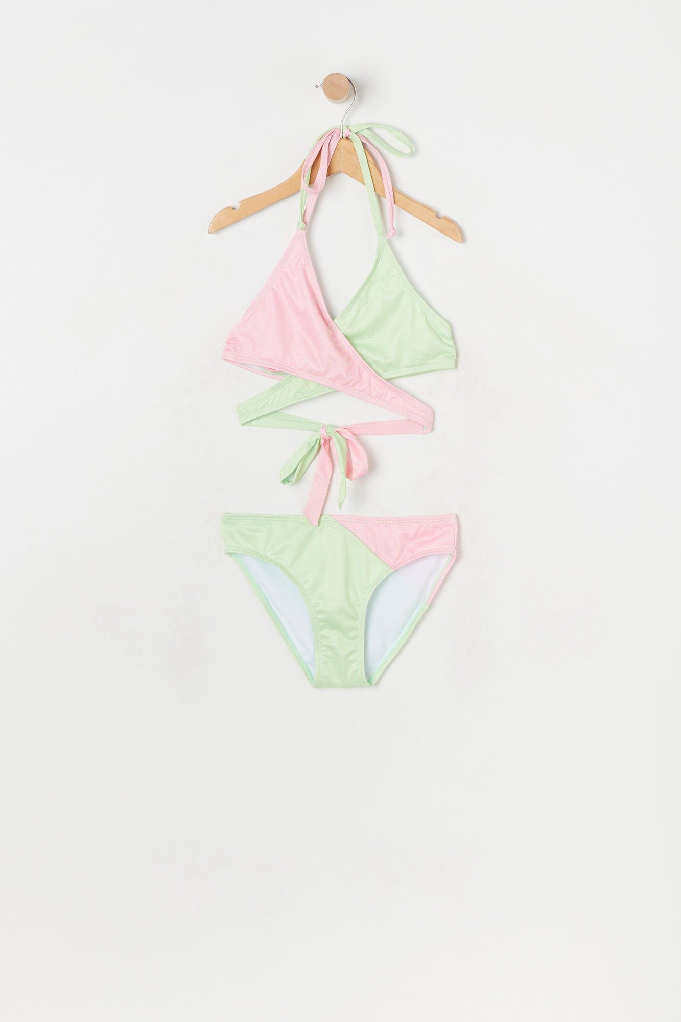 Girls Pink and Green Colour Block Wrap Bikini sold by Urban Planet