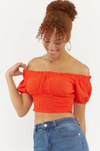 Off Shoulder Smocked Peasant Top sold by Urban Planet