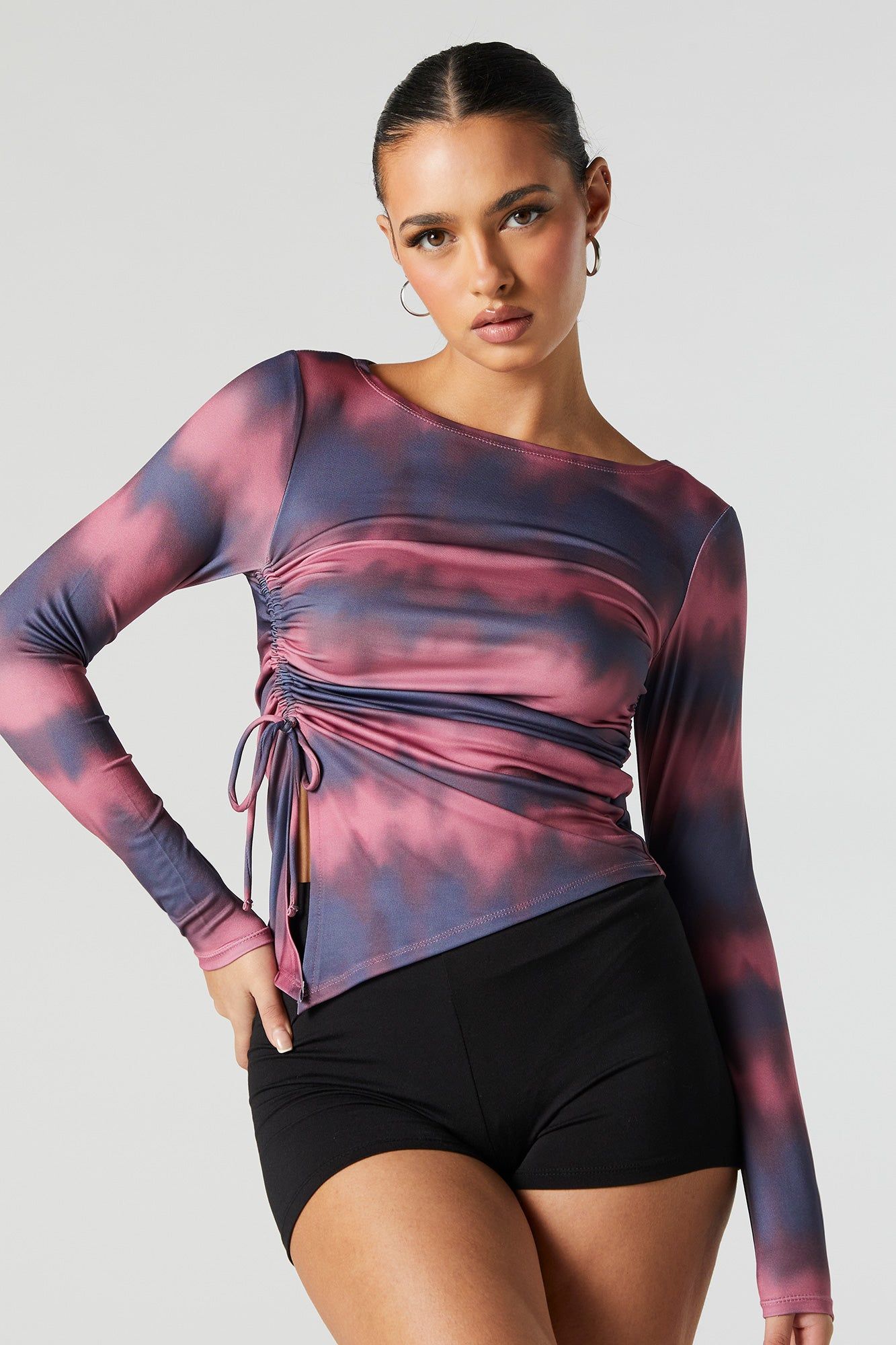 Contour Printed Asymmetrical Cinched Long Sleeve Top sold by Urban Planet product image thumbnail 4
