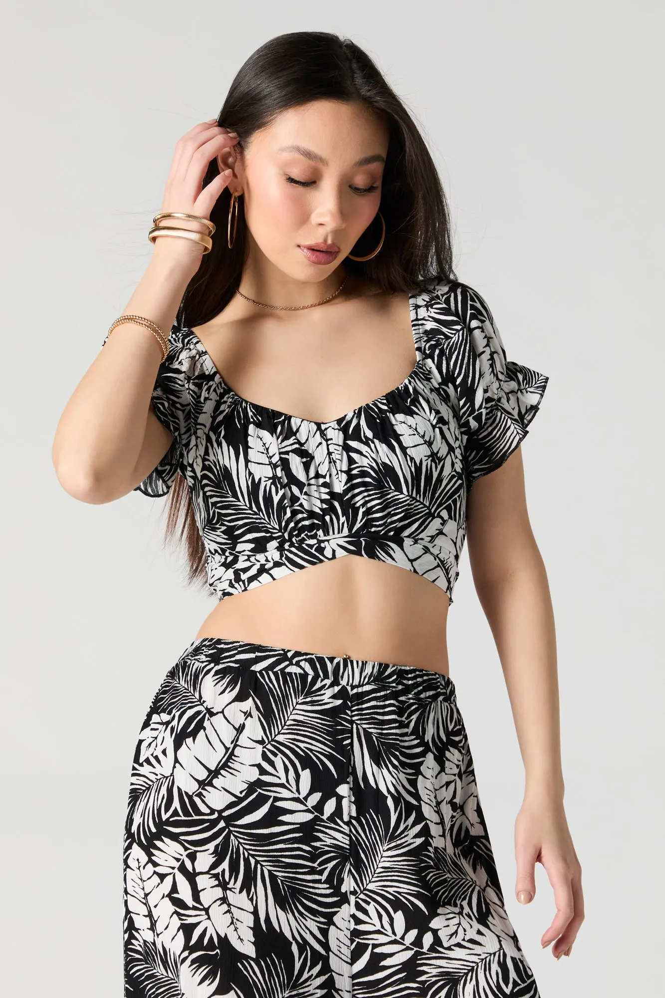 Leaf Print Tie Back Crop Top sold by Urban Planet