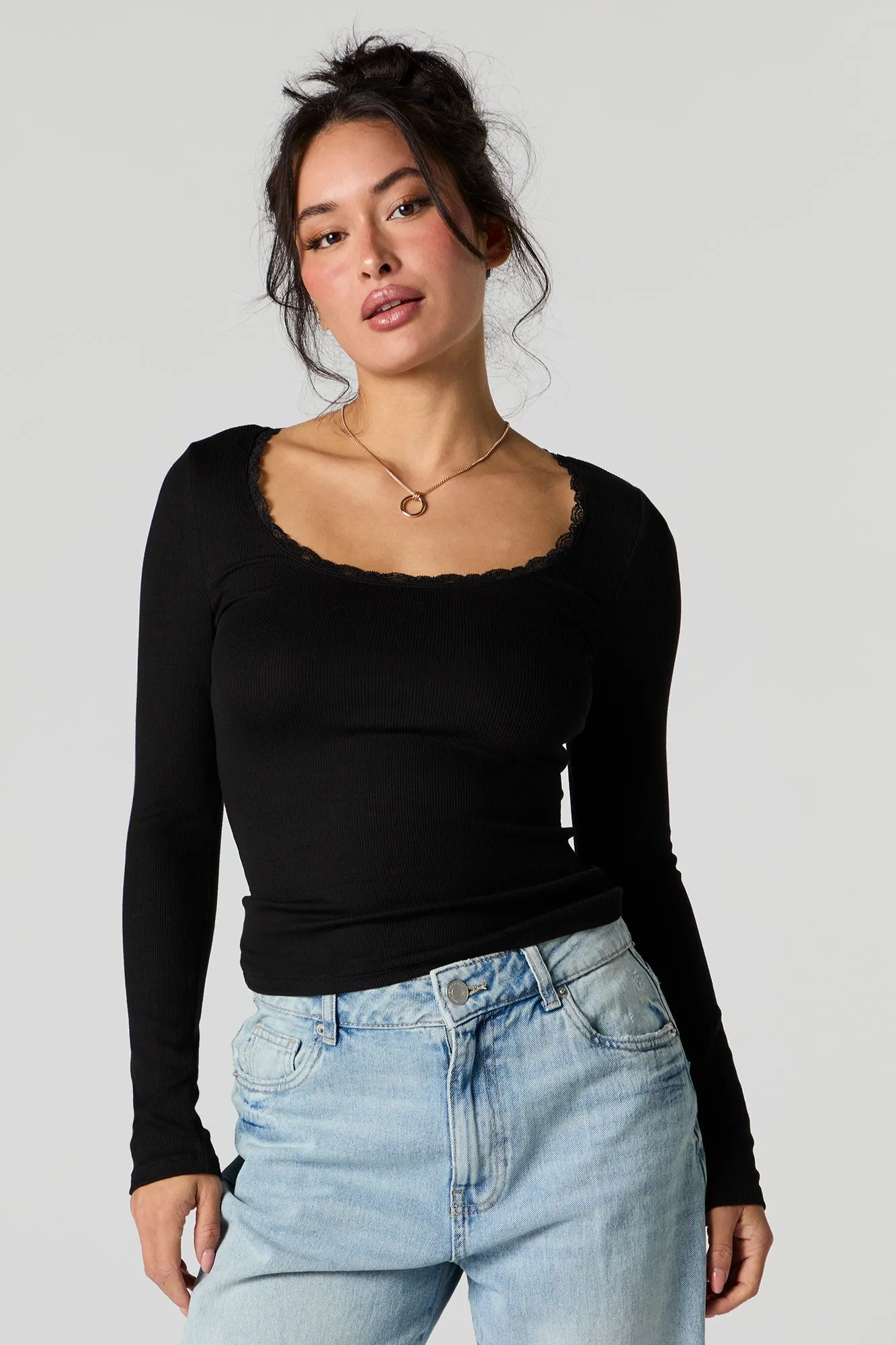 Ribbed Scoop Neck Lace Trim Long Sleeve Top sold by Urban Planet