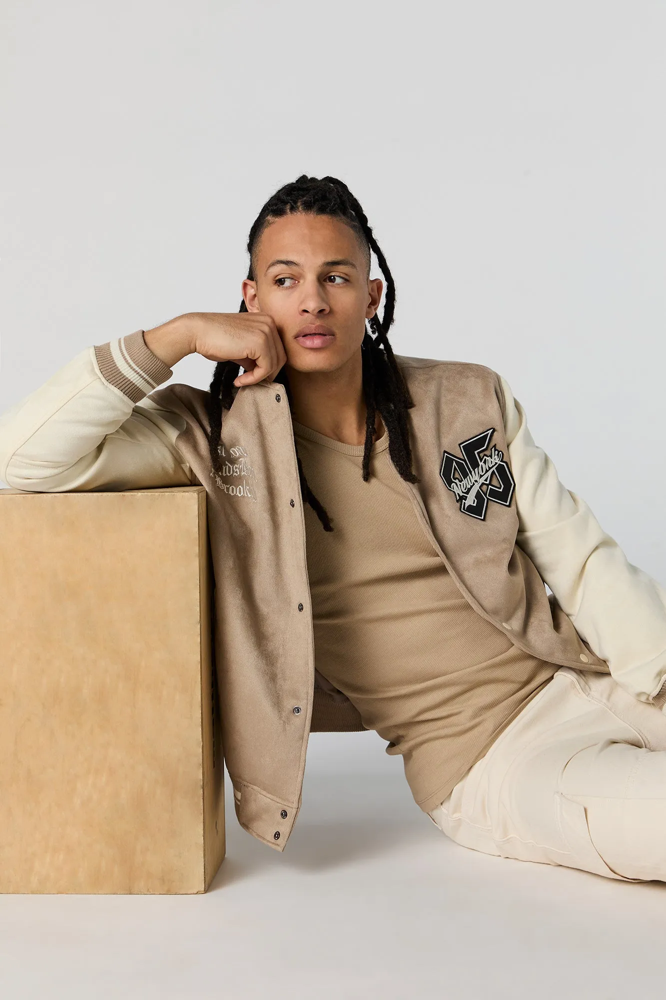 New York Faux Suede Varsity Jacket sold by Urban Planet