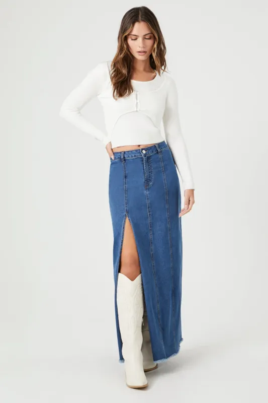 Jupe maxi en denim avec fente et franges sold by Urban Planet