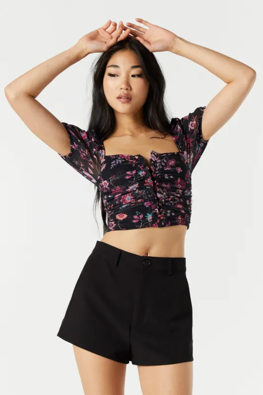 Black Floral Mesh Ruffle Crop Top sold by Urban Planet