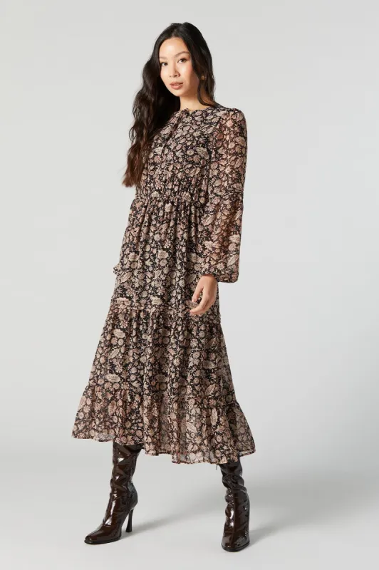 Floral Mesh Long Sleeve Tiered Maxi Dress sold by Urban Planet