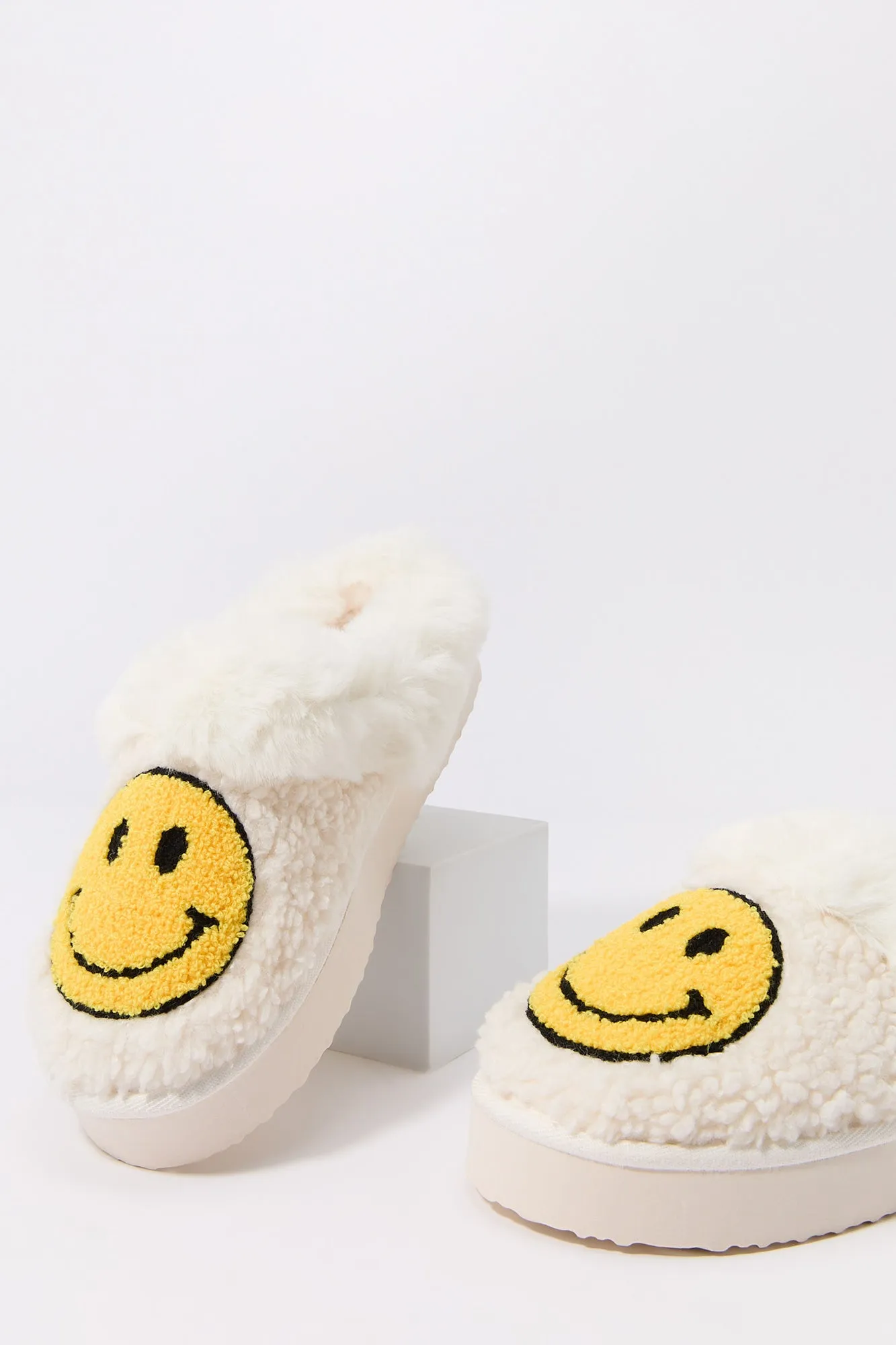 Faux Fur Collared Happy Face Slipper sold by Urban Planet