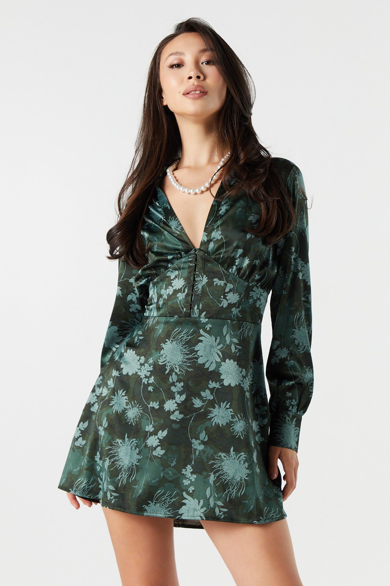 Floral Satin Hook-and-Eye Long Sleeve Mini Dress sold by Urban Planet